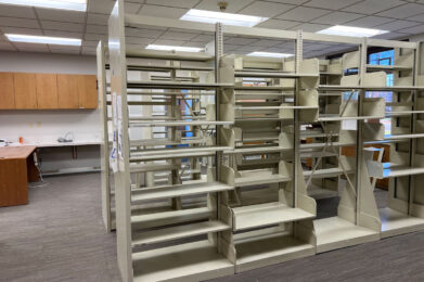 Back room with empty book shelves