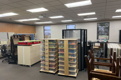 Programs room full of items used in other areas of the library