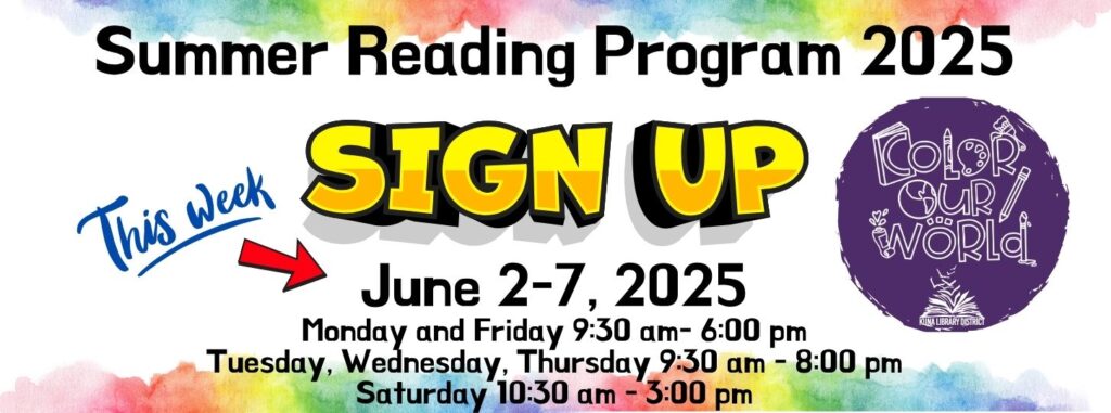 Summer reading program sign up week is June 27-, 2025. Stop by the library to sign up this week and get a free book!