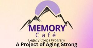 Outline of Mountain Range with words Memory Cafe written inside