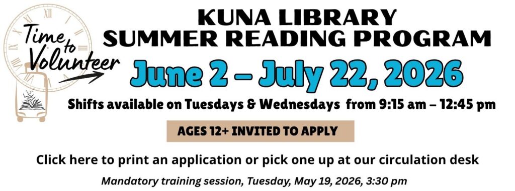 Sign up to be a volunteer at our summer reading program. Click for link for a printable application.